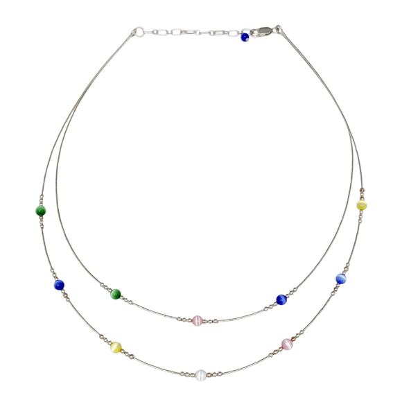 Multicolor Cat's Eye Station 2 Strand Necklace | Sterling Silver 925 | 15.5" - Picture 2 of 4
